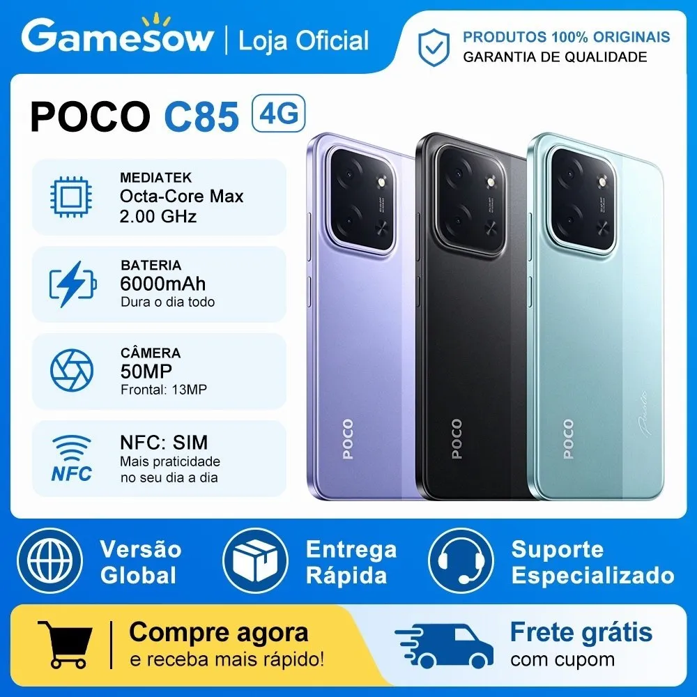 Xiaomi POCO C85 4G (Global) Android 15 NFC Tela 6.9” 120Hz Bateria 6000mAh