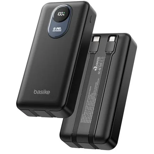 Basike Power Bank 20000mAh, Carregador Portátil, 2 Cabos Integrados (Preto)