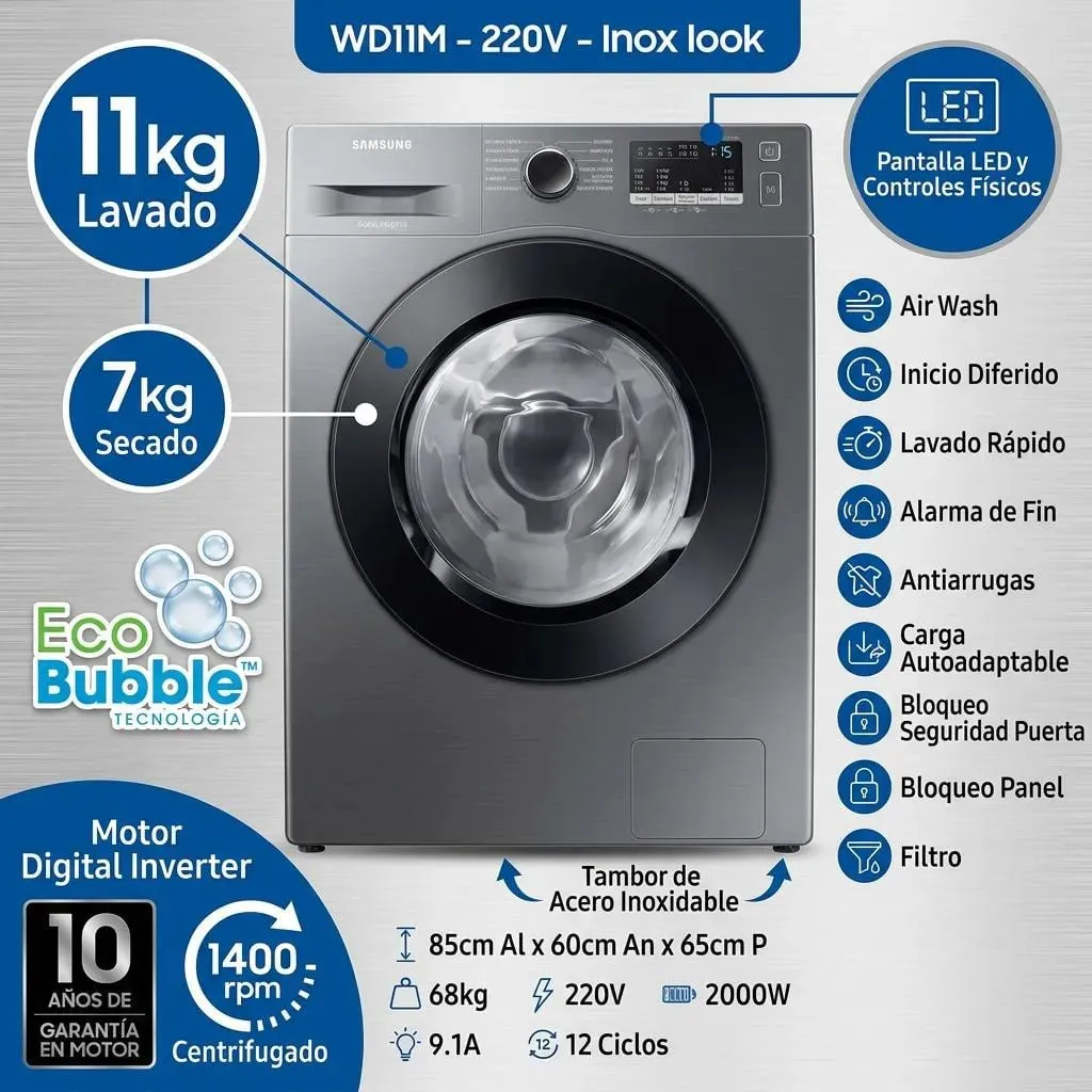 Lava E Seca Samsung WD11M Digital Inverter Inox 11kg