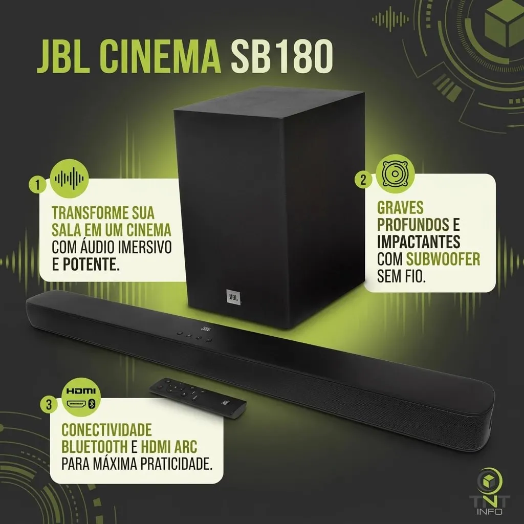Soundbar JBL Bluetooth, Cinema SB180, 2.1 Canais, Subwoofer de 6,5" Sem Fio 110W RMS