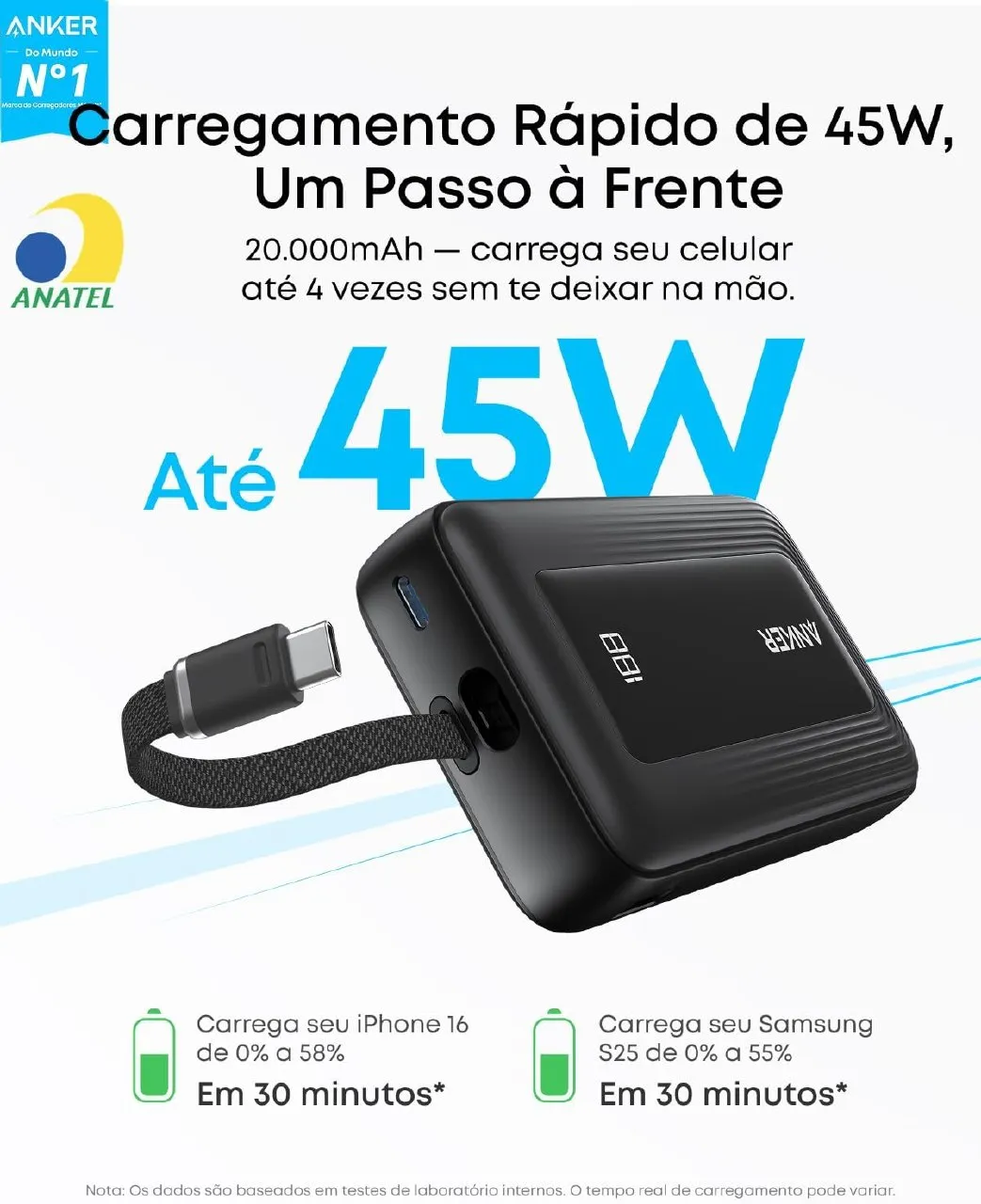 Anker Zolo Power Bank 20.000mAh Turbo 45W com Cabo USB-C Integrado