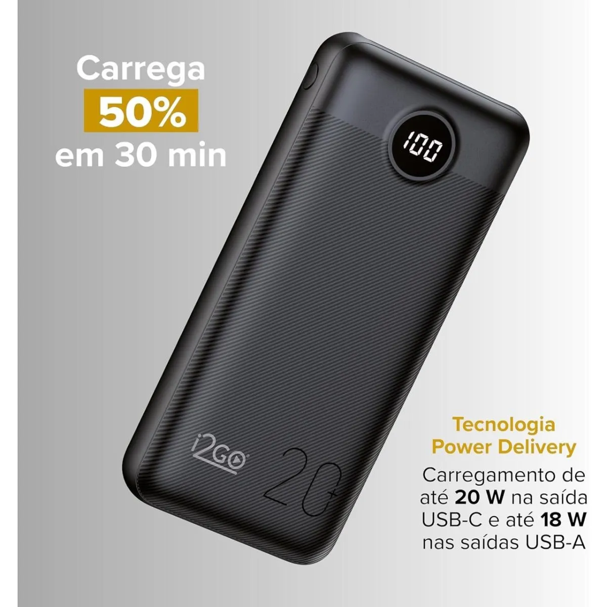 I2GO PRO Power Bank Ultra Rápido 20000mAh PD 20W, 2 USB + USB-C, Preto