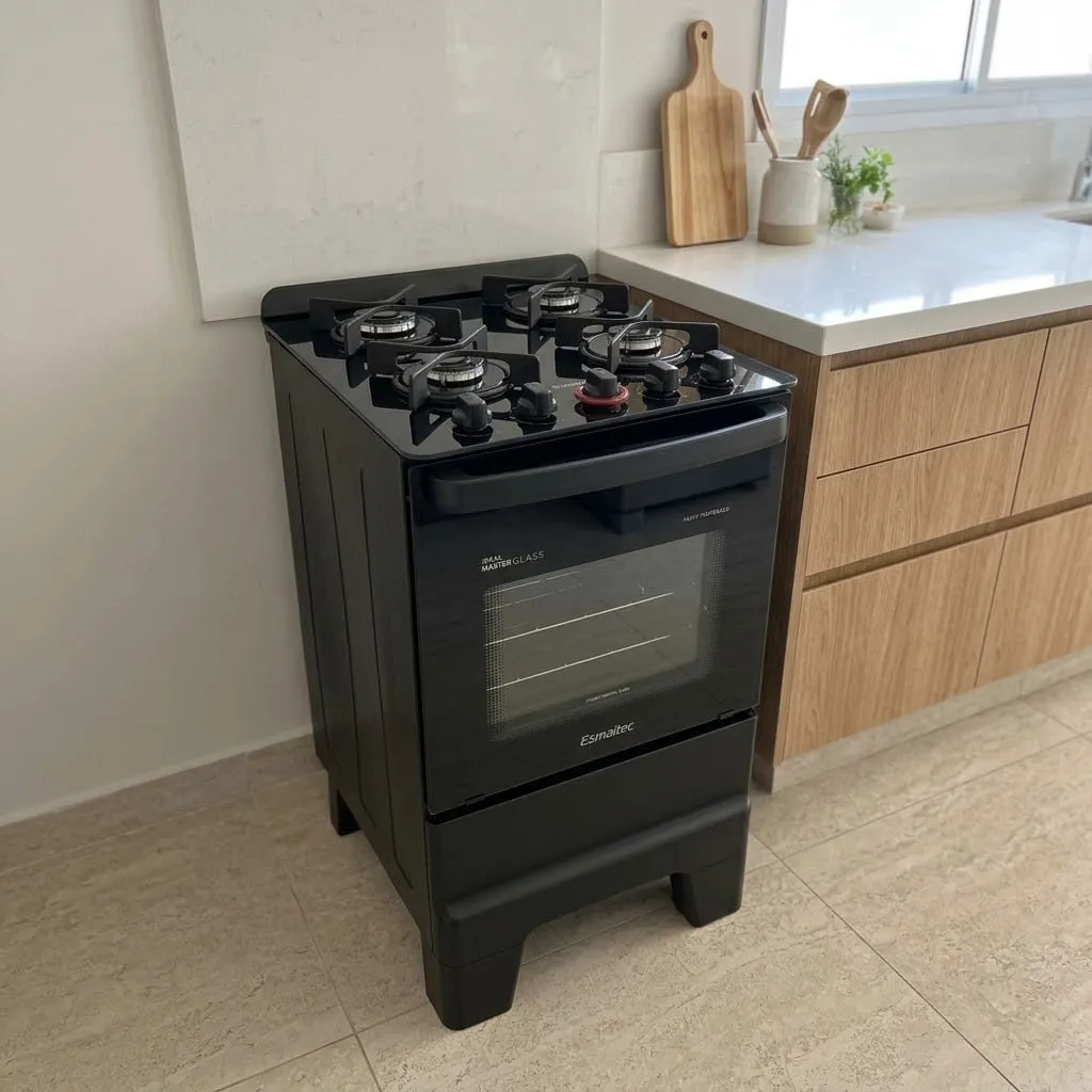 Fogão Esmaltec 4 Bocas Ideal Master Glass Mesa de Vidro Forno 50 Litros Preto T4VFP Bivolt